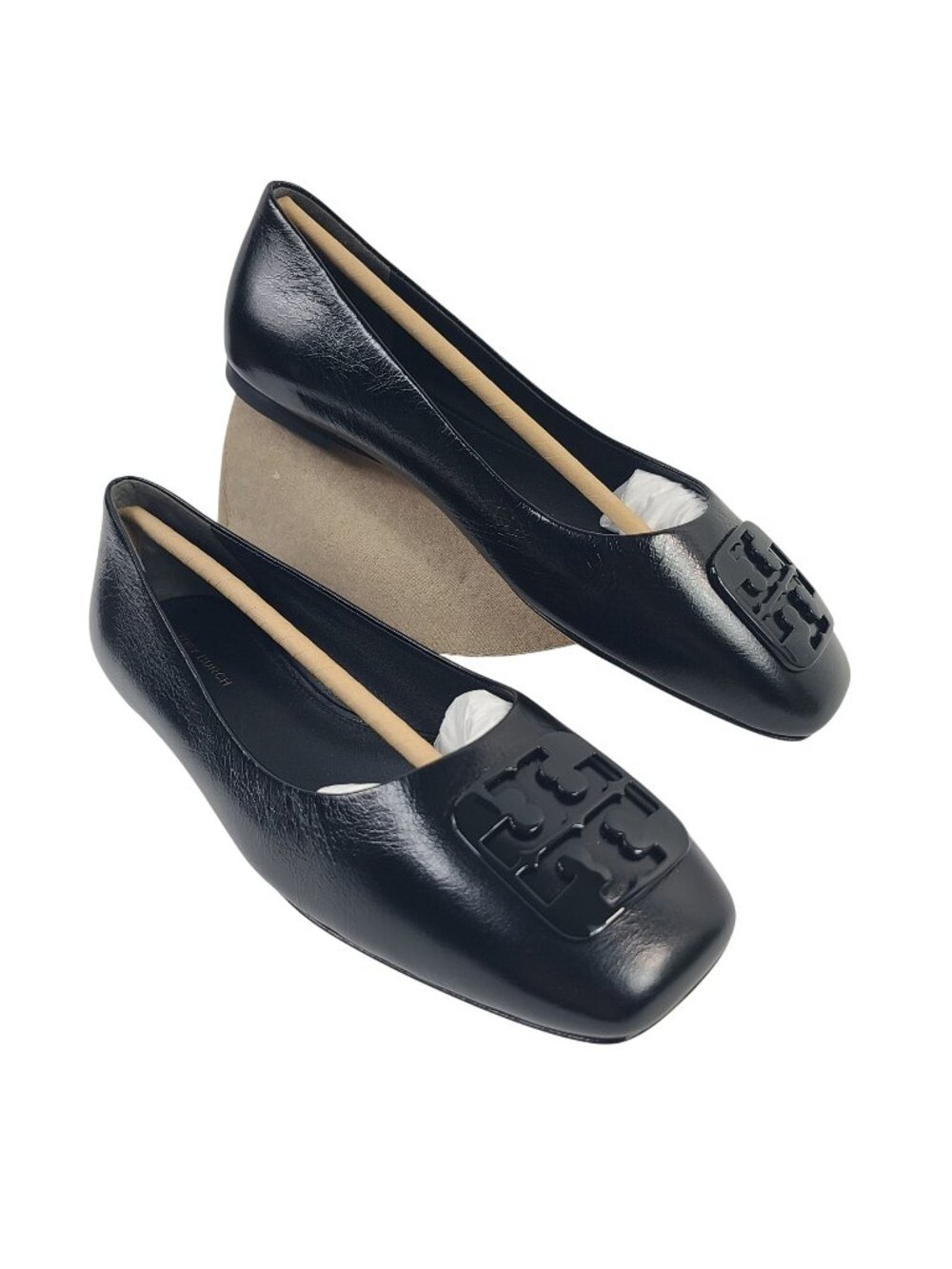 Tory Burch Georgia Black Leather Ballet Flats Athene Logo Size 7.5 New In Box